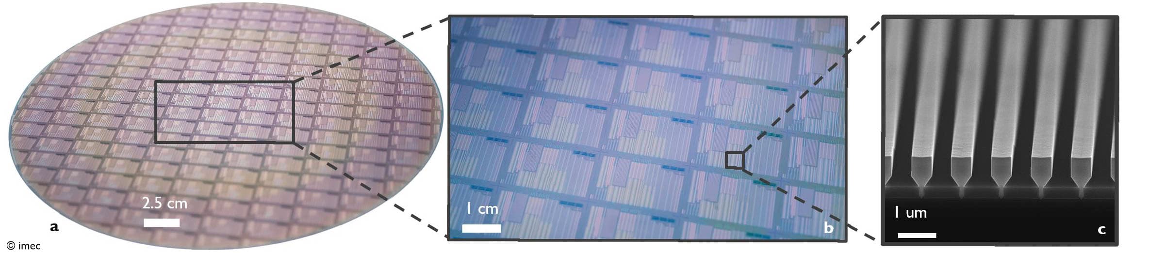 300 mm silicon wafer with GaAs nano-ridge laser devices 300 mm silicon wafer with GaAs device arrays, zoomed to a nano-ridge laser structure