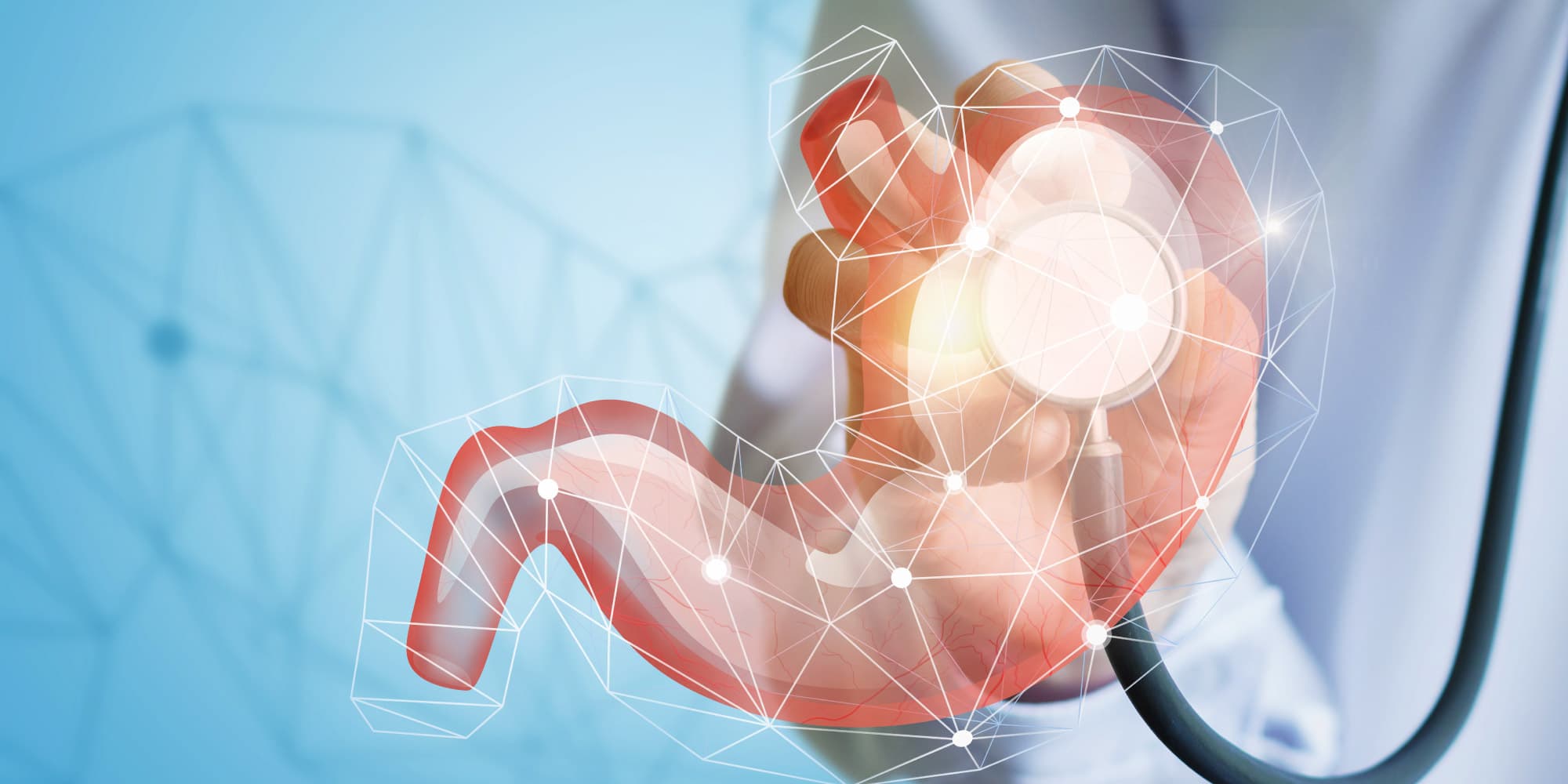gastroenterology_header Stylized stomach held by a doctor with a stethoscope and network lines overlaid
