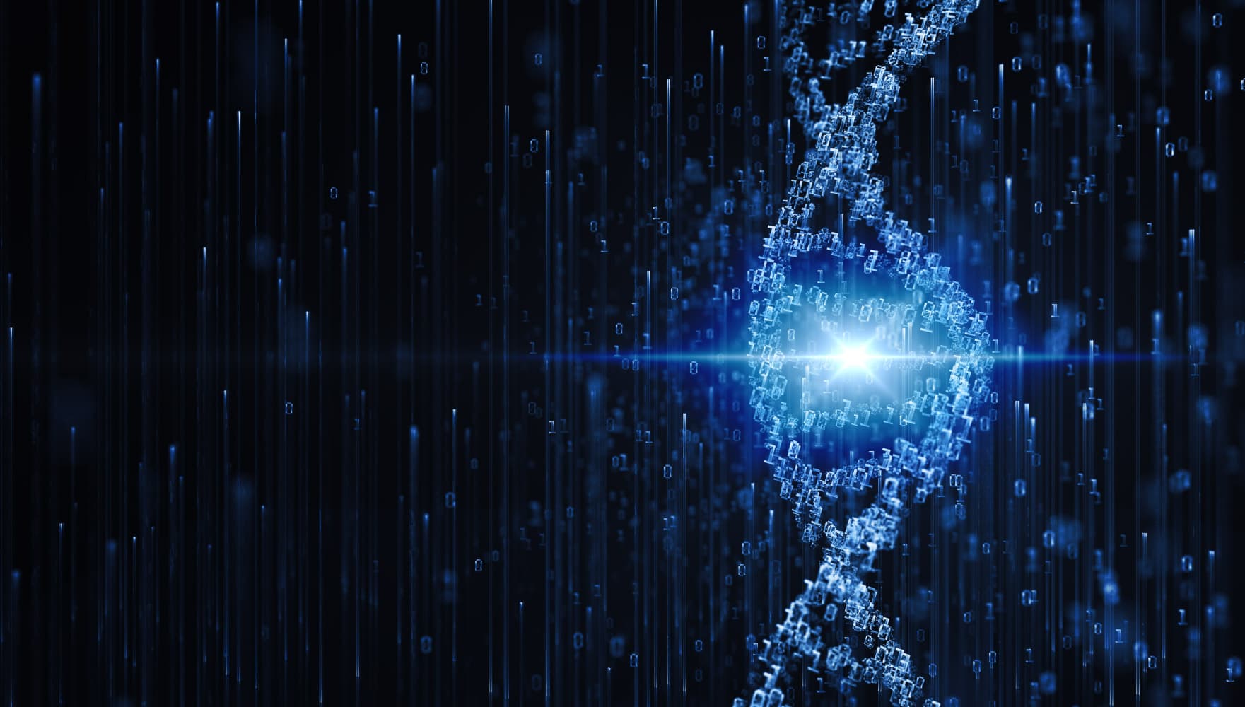 Genomic-software-webpage_1 Glowing DNA double helix made of digital blocks against a dark blue data background