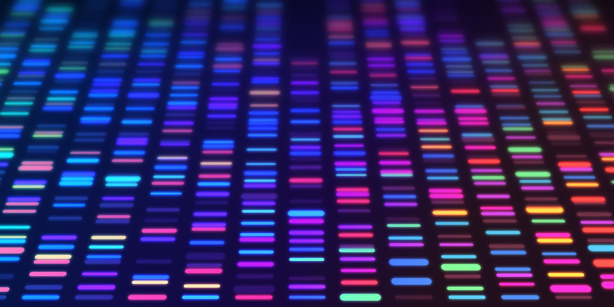 genomics Abstract DNA sequence graphic with colorful vertical bars on a dark background