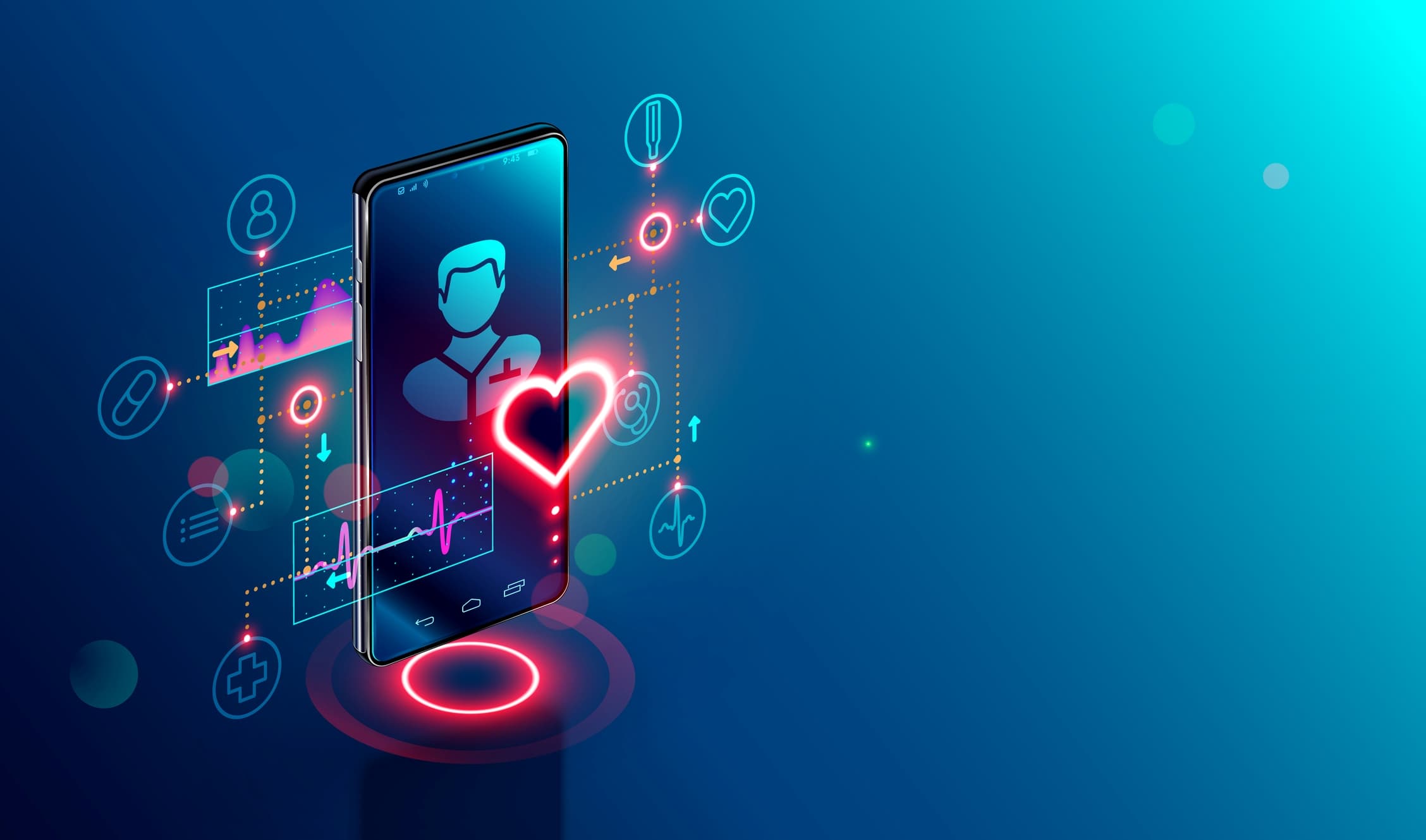 GettyImages-1012412572%20%281%29 Smartphone met gezondheidsgegevenspictogrammen en een gloeiend hartsymbool, wat AI-gestuurde medische monitoring suggereert