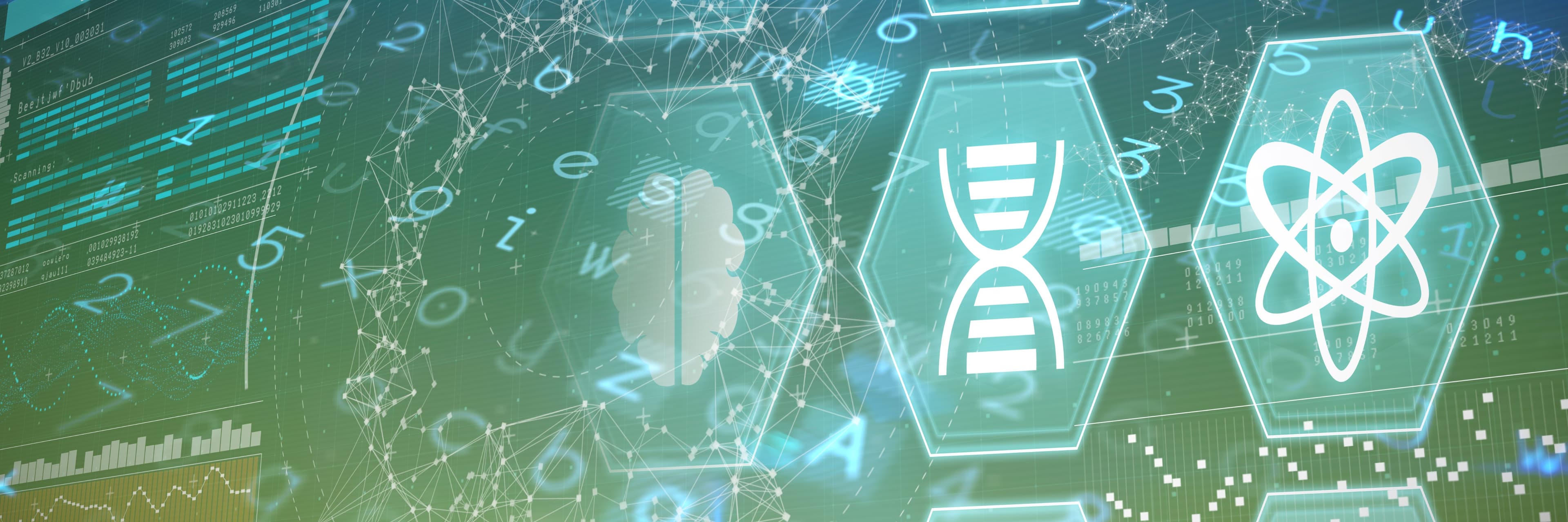 Abstract digital background with AI and DNA icons Abstracte digitale achtergrond met AI-, DNA- en atoomiconen over datagrafieken