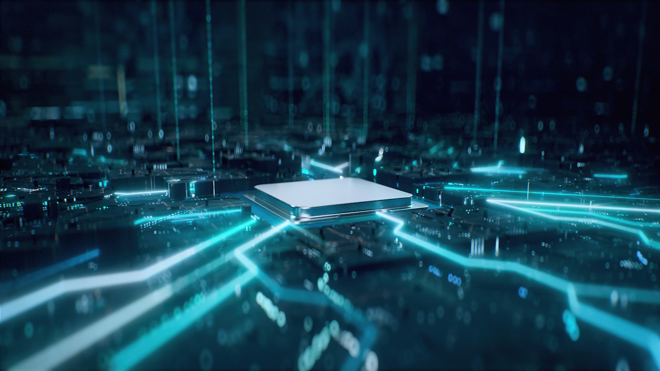 Stylized microchip with glowing network lines Stylized microchip with glowing network lines on a dark circuit board background
