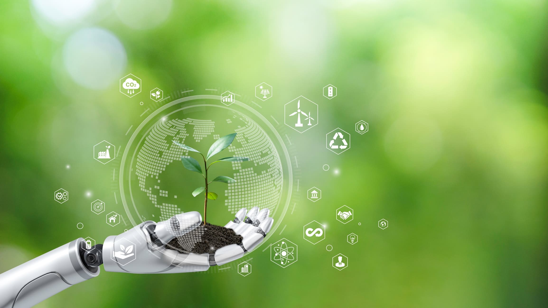 GettyImages-1480229486 Robothand die een jonge plant vasthoudt met duurzaamheidsiconen op een groene wereldbolachtergrond