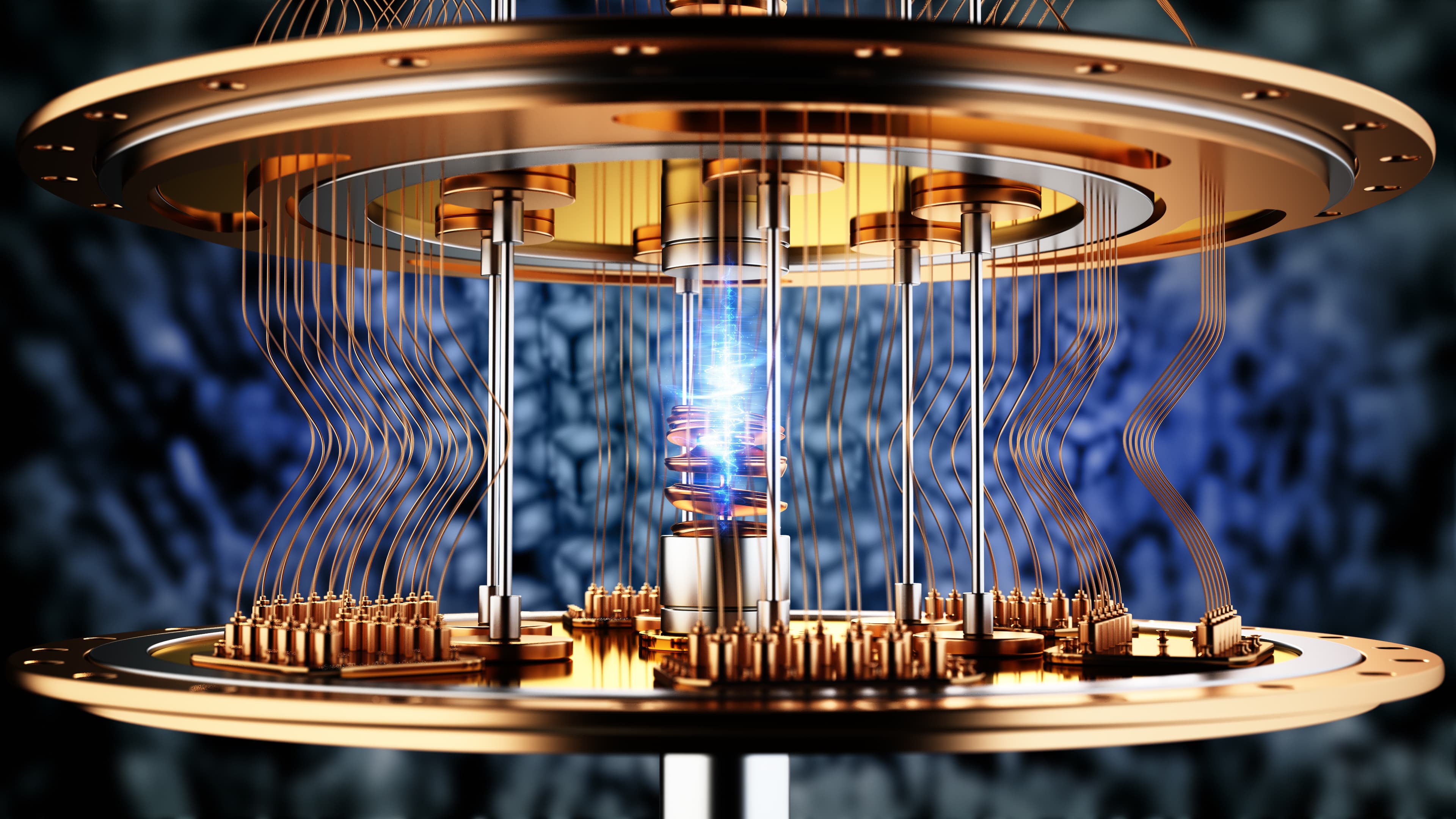 GettyImages-2156615862 Gestileerde quantumcomputer met gouden schakelingen en een gloeiende centrale kern