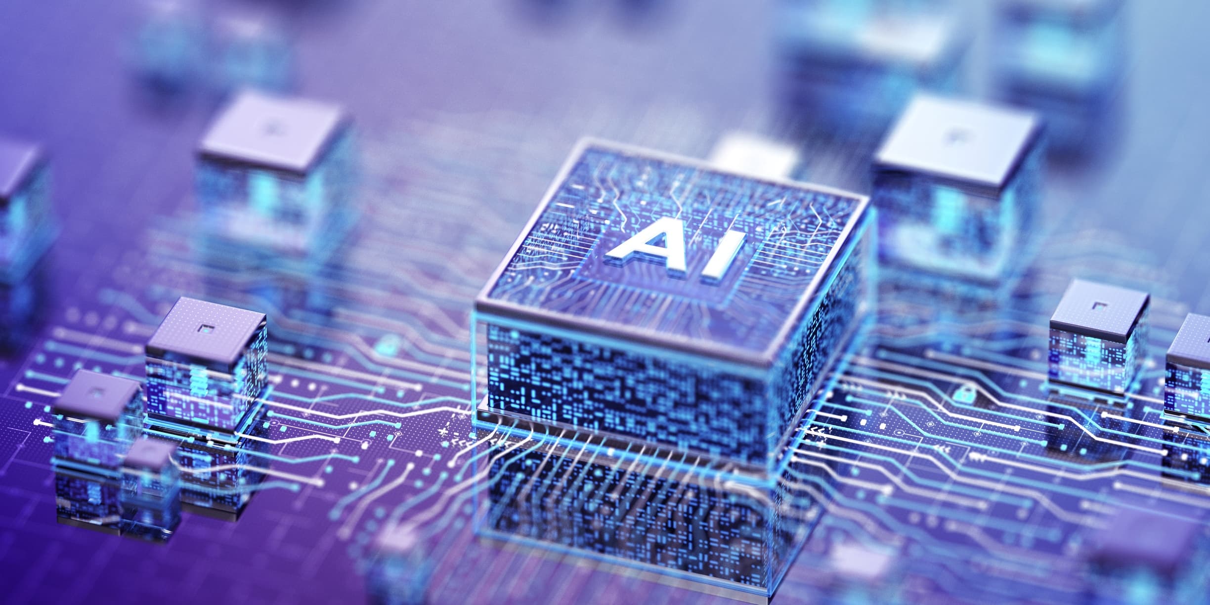 GettyImages-2202857636 Stylized AI chip on a circuit board with glowing microchips around it