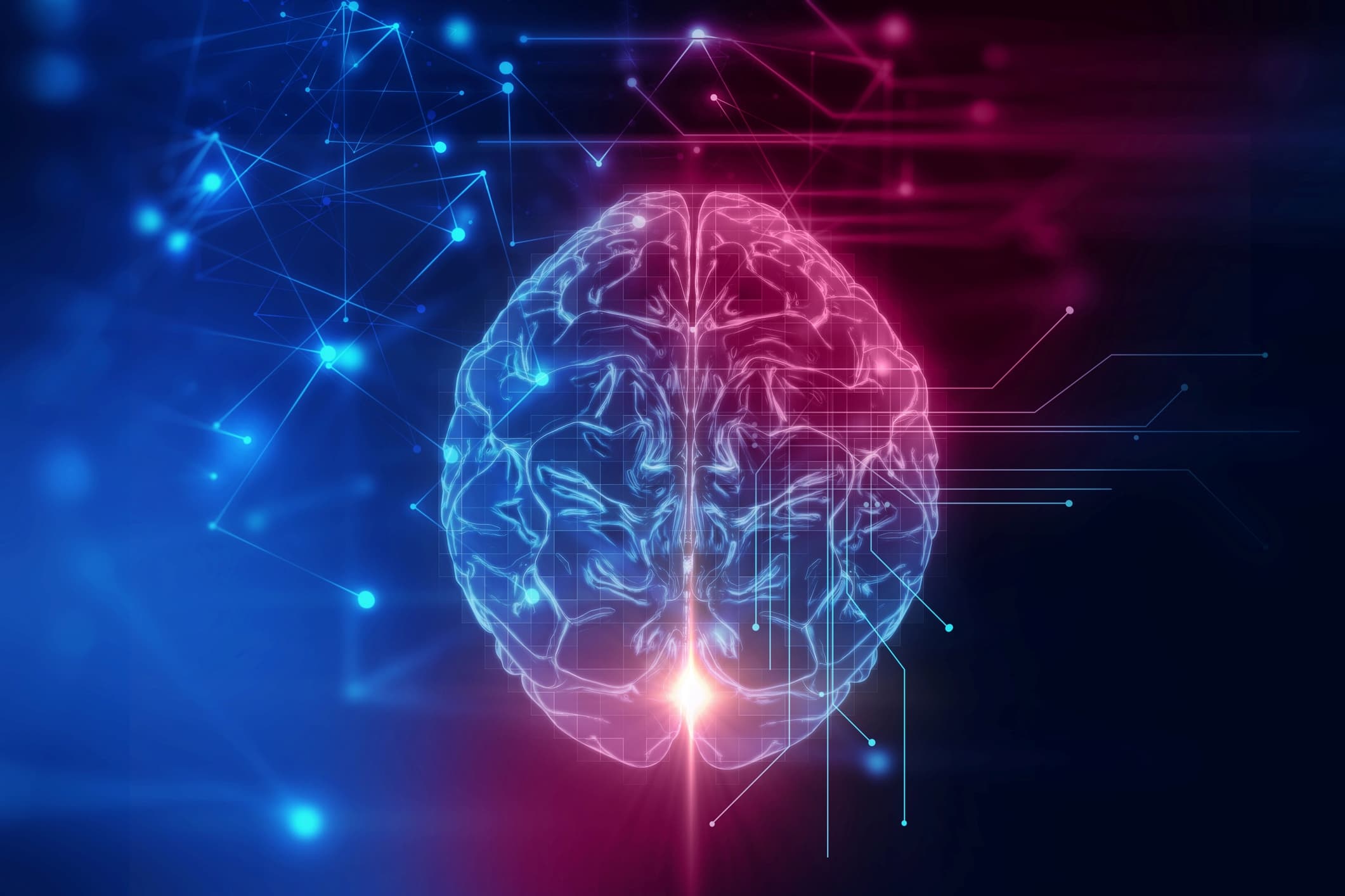 GettyImages-611992272 Glowing digital brain surrounded by circuit-like lines in blue and magenta