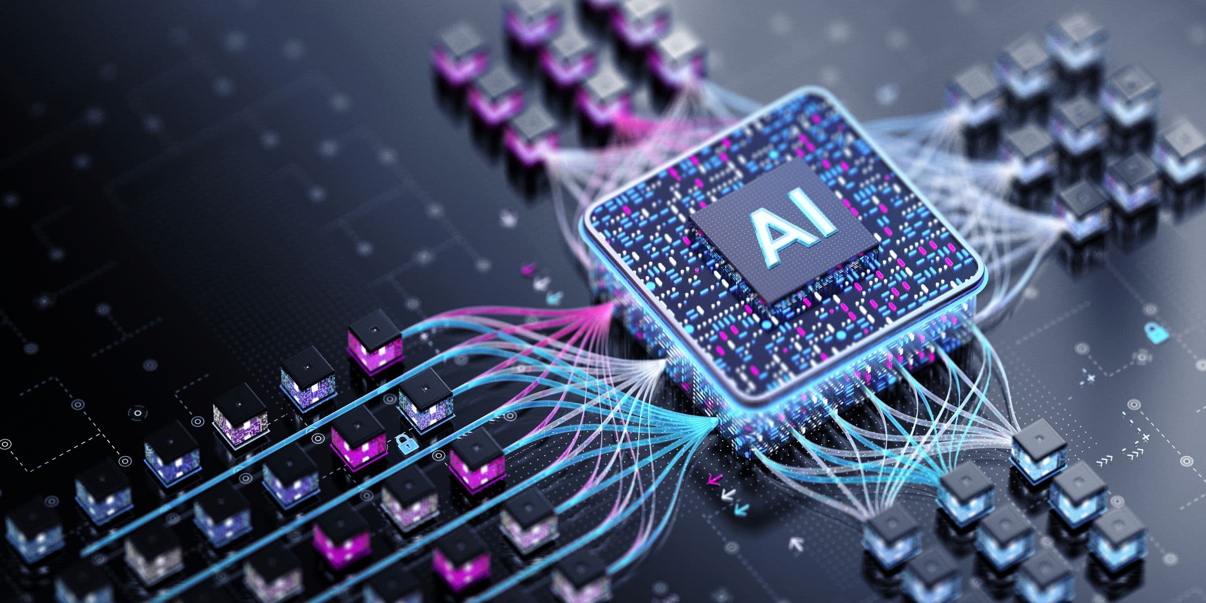 GPU%20vs%20AI%20for%20AI AI chip connected to multiple smaller processor blocks by glowing data lines