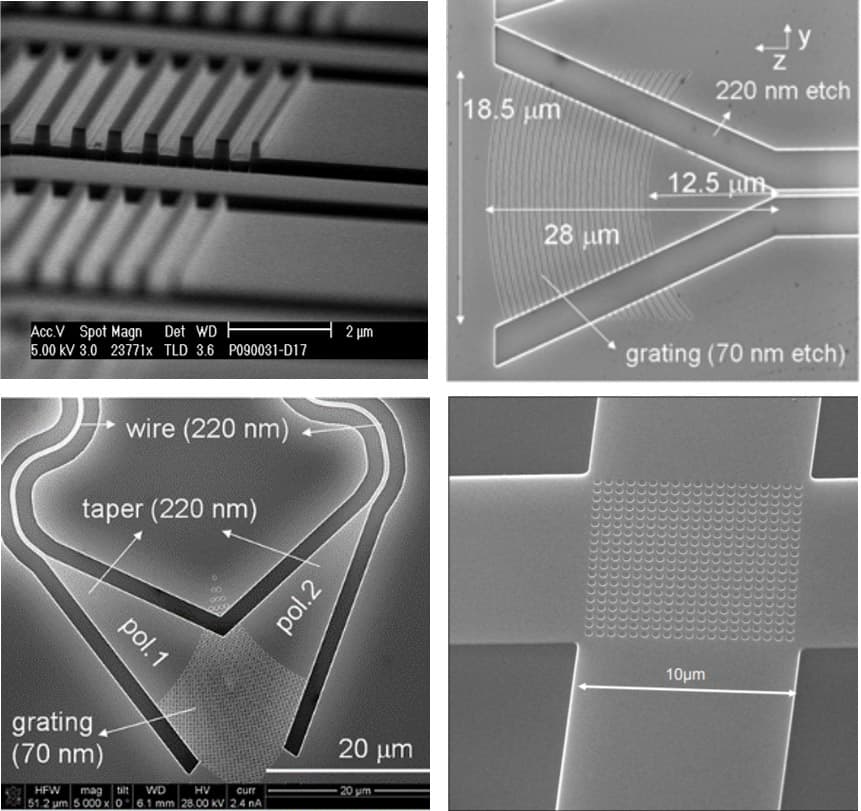 Silizium-Photonik Gitterkoppler und Wellenleiterstrukturen Close-ups van siliciumfotonica-roosterkoppelaars en golfgeleiderstructuren met afmetingen, vastgelegd met een scanning-elektronenmicroscoop.