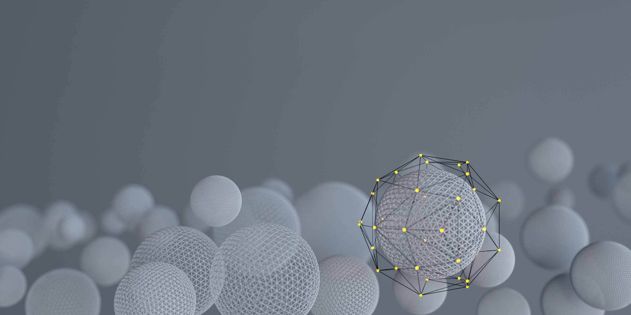 Green%20hydrogen%20electrolysis Abstract cluster of white porous spheres, one highlighted with a black node network and yellow points