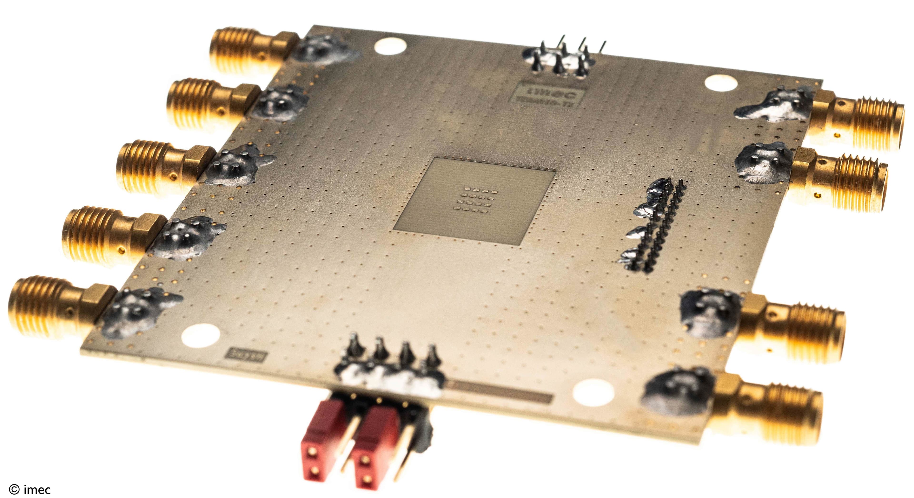 header_0 Beamforming transmitter test board with multiple gold RF connectors and a central chip die