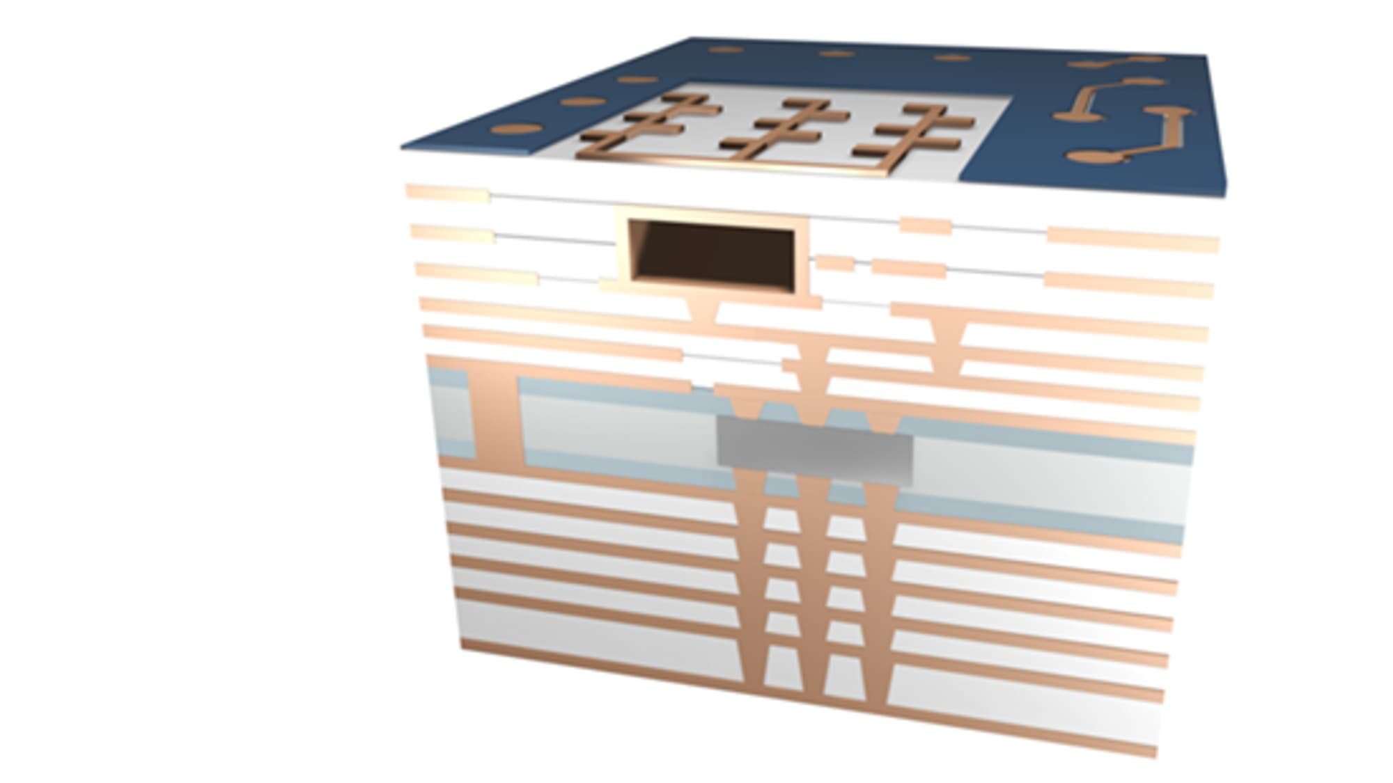 3D semiconductor package cross-section illustration 3D illustration of a semiconductor package cross-section with copper interconnects and wiring layers