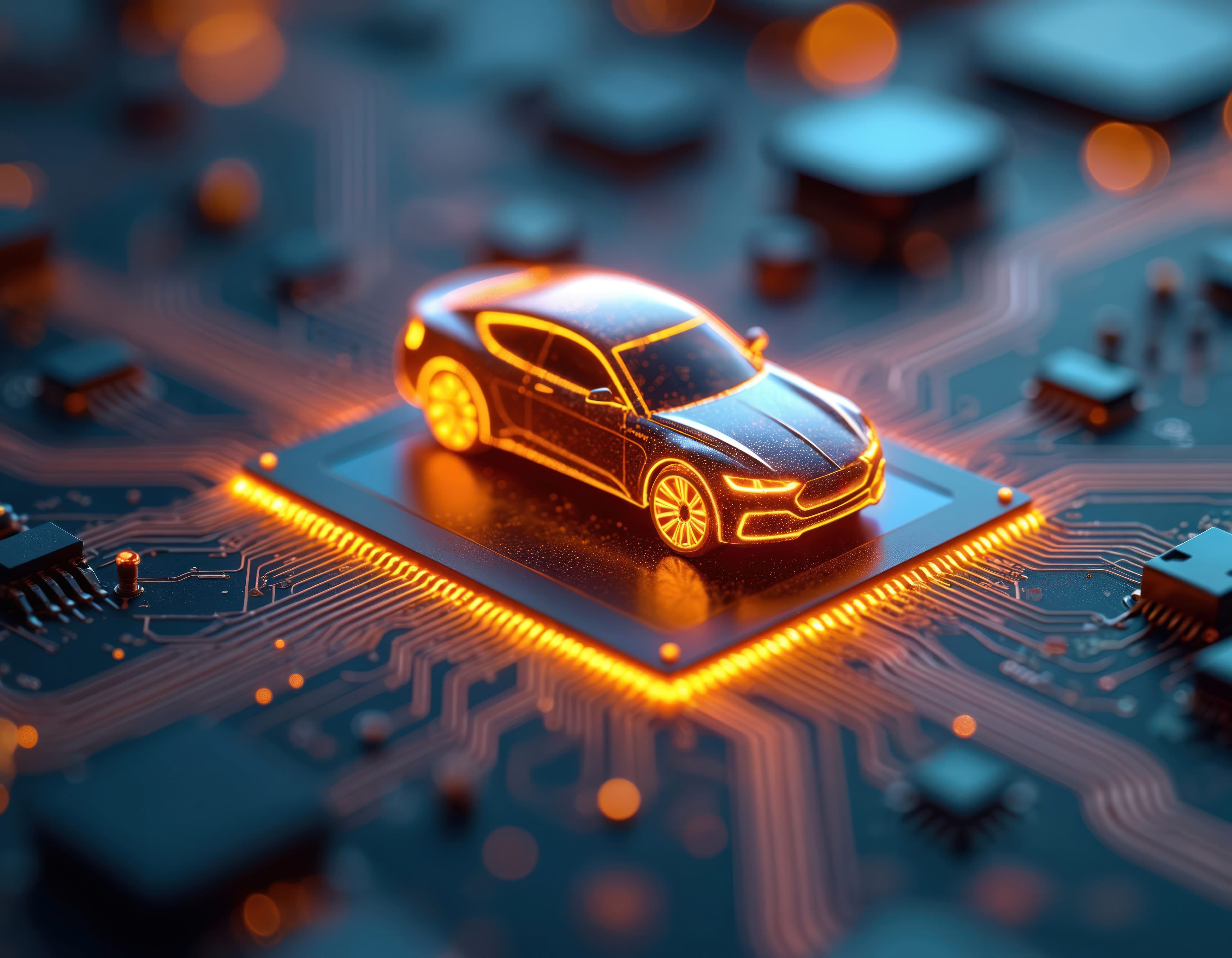 Header_AdobeStock_1557709119 Glowing car model on a microchip with circuit traces, symbolizing automotive chiplet technology.