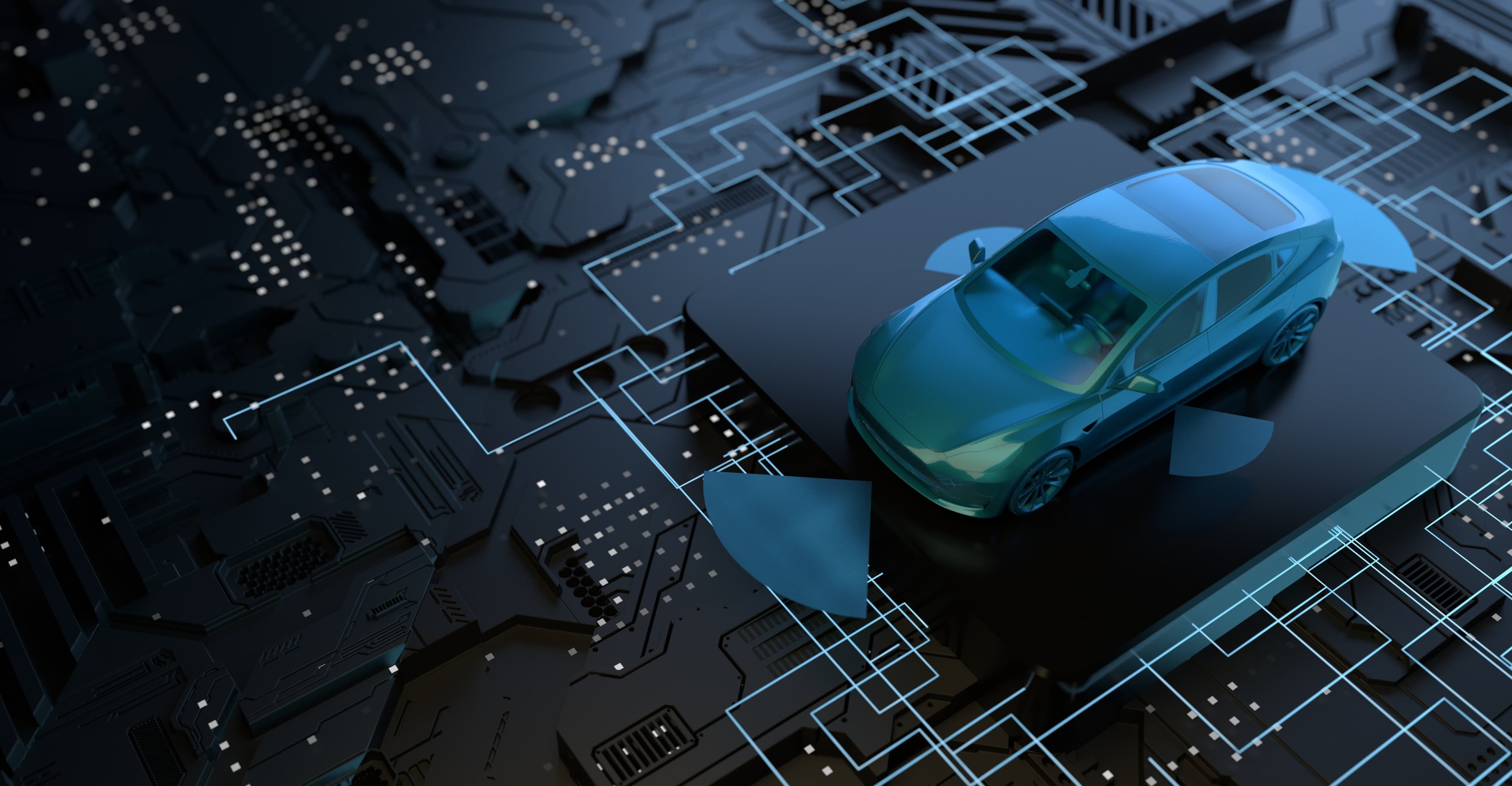 header-AdobeStock_379764806 3D blue car model on a circuit-board-like chip background