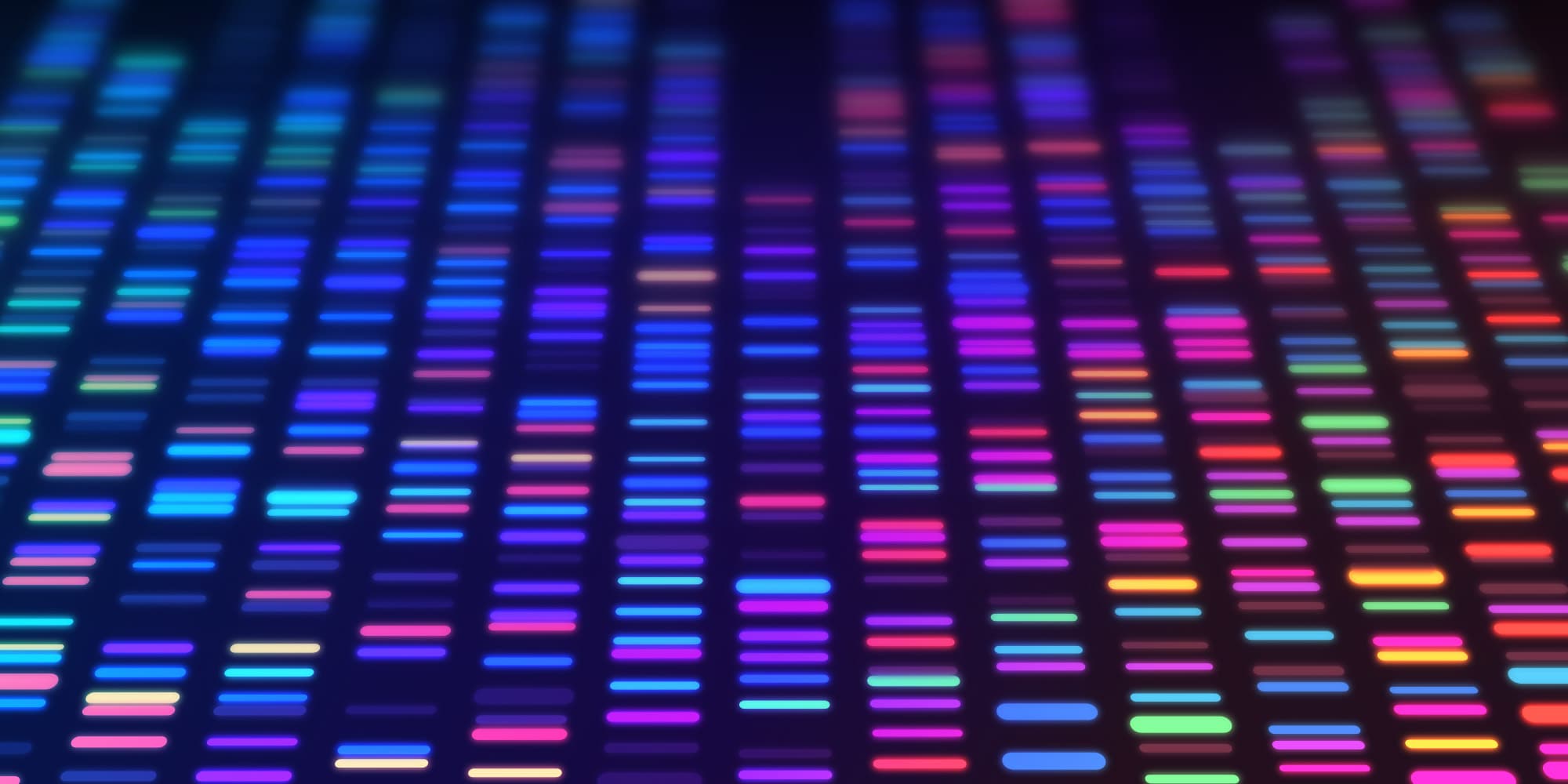 header_genomics Abstract neon DNA-like barcode pattern on a dark background