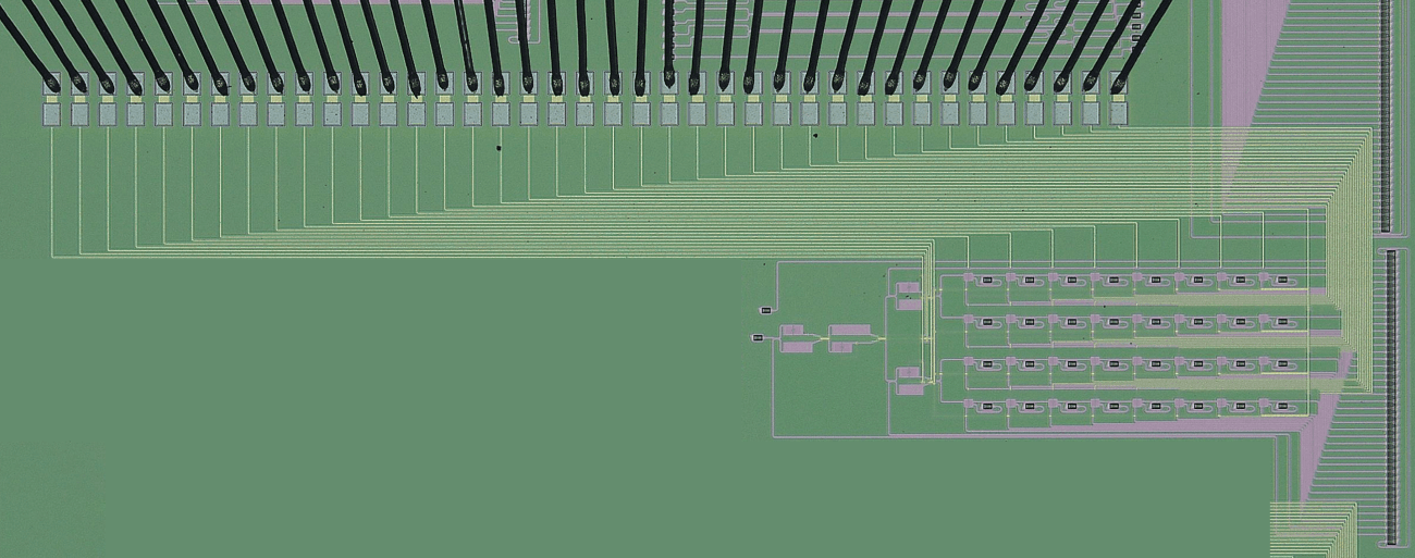 header_WDM-filter Silicon photonic chip layout with many connected waveguides and a 32-channel filter section