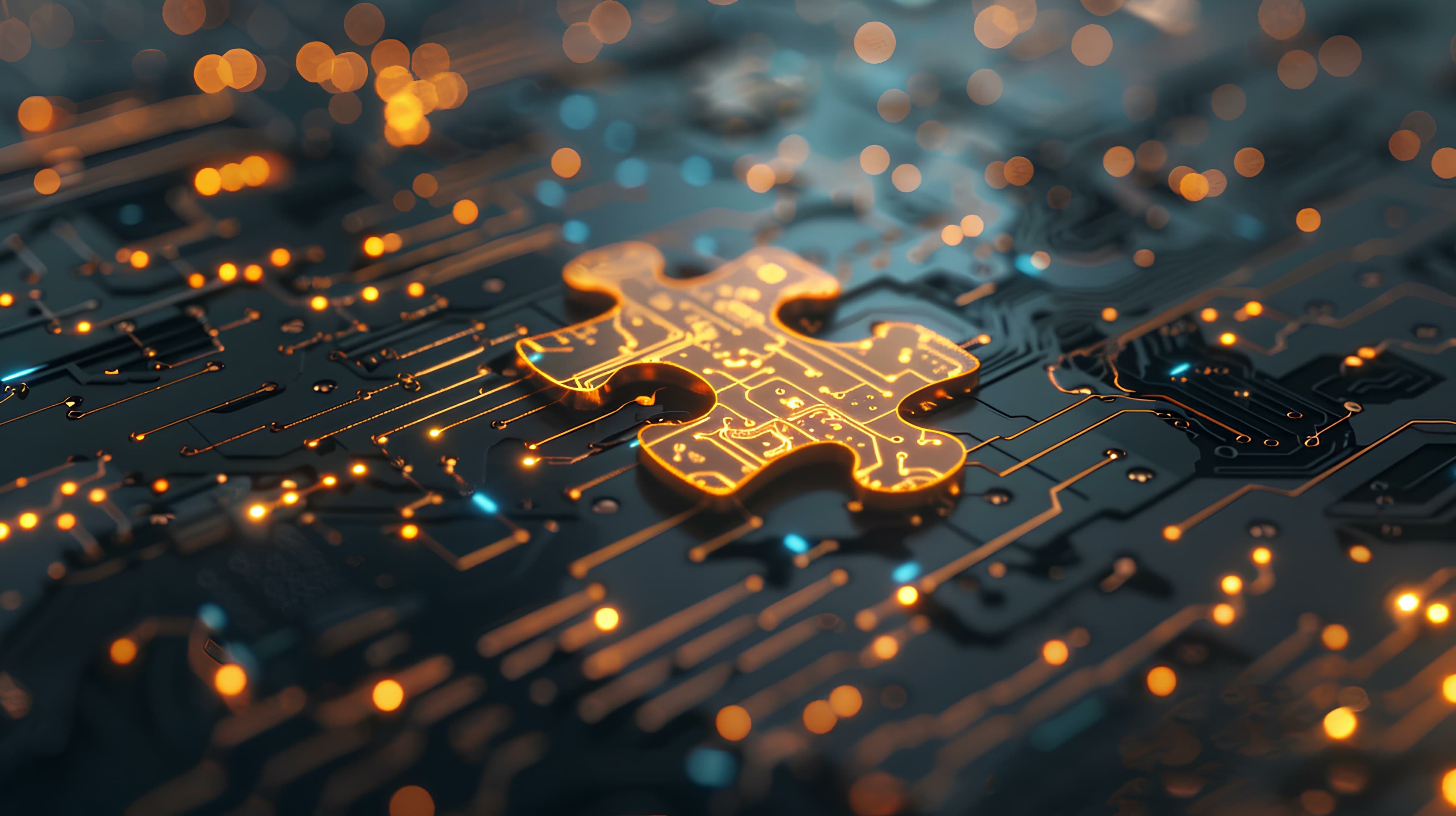 Glowing puzzle-piece chip on circuit board Glowing puzzle-piece chip on a circuit board, symbolizing chiplets and chip integration