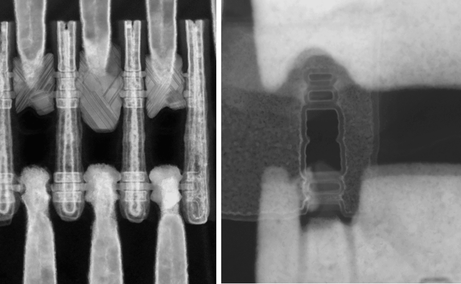 Header Microscope close-up of stacked transistor structures in a CFET device cross-section