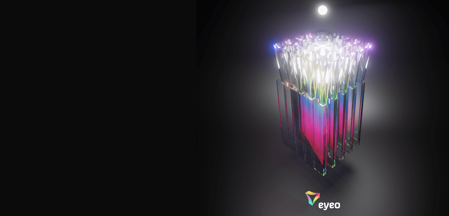 Abstract nanophotonic chip splitting light into colors Abstracte Eyeo-weergave van een prisma-achtig nanofotonisch chip die licht splitst in kleuren.