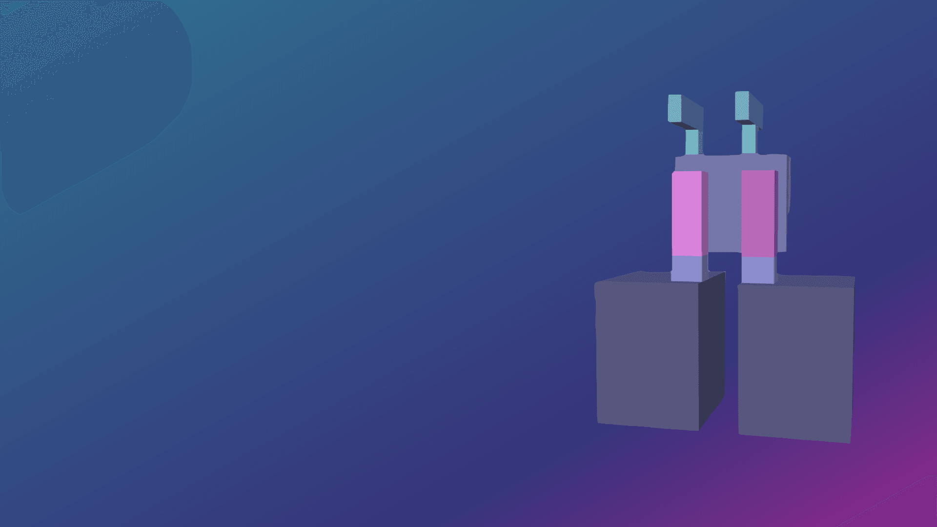 3D-Illustration eines Chips mit Transistorstrukturen Stylized 3D chip illustration with two transistor-like structures on a blue-to-purple gradient background