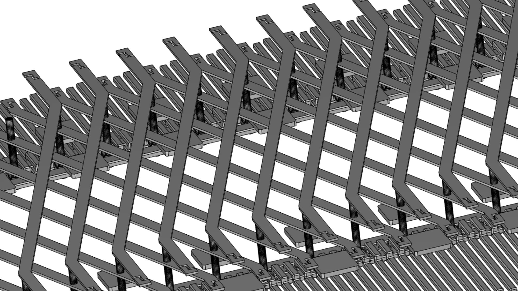 headertest 3D diagram of a bilinear qubit array with interwoven metallic interconnects