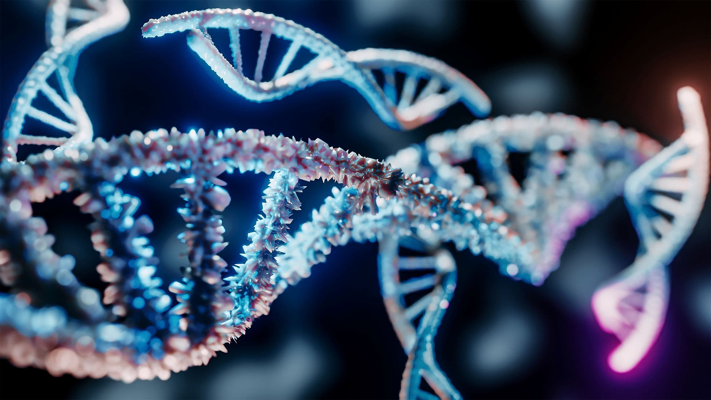 Healthcare%20chip%20technology Glowing DNA double helix strands against a dark blue background