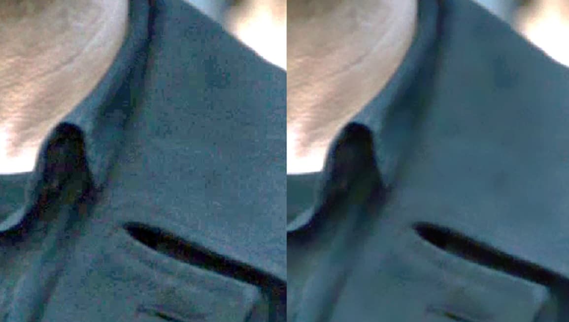 Hemd_0 Side-by-side close-up comparison showing a noisy, pixelated image on the left and smoother HDR conversion on the right.