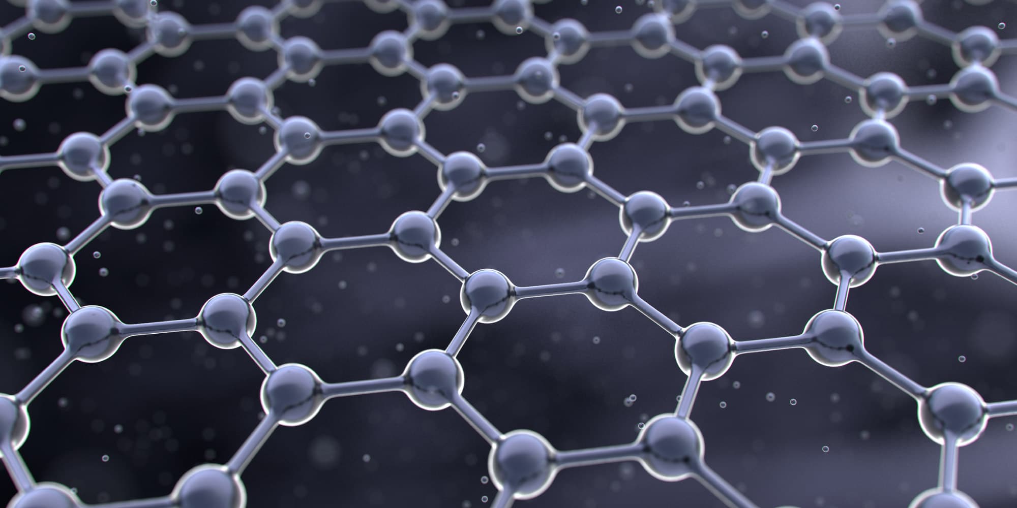 hexagon_header_0 Stylized hexagonal lattice of connected atoms representing a 2D material sheet