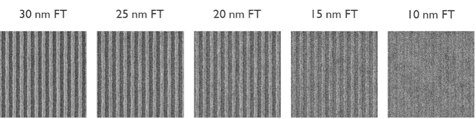High_NA%20SEM CD-SEM images showing line patterns at decreasing film thickness, with contrast fading at 10 nm