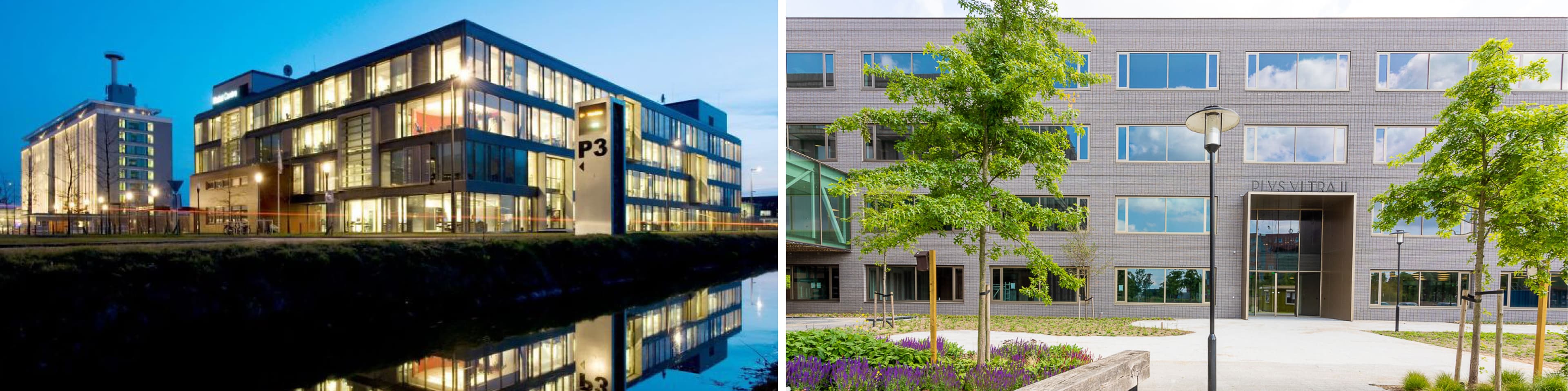 Holstcenter-oneplanet Side-by-side campus buildings: Holst Centre at dusk and OnePlanet Research Center in daylight