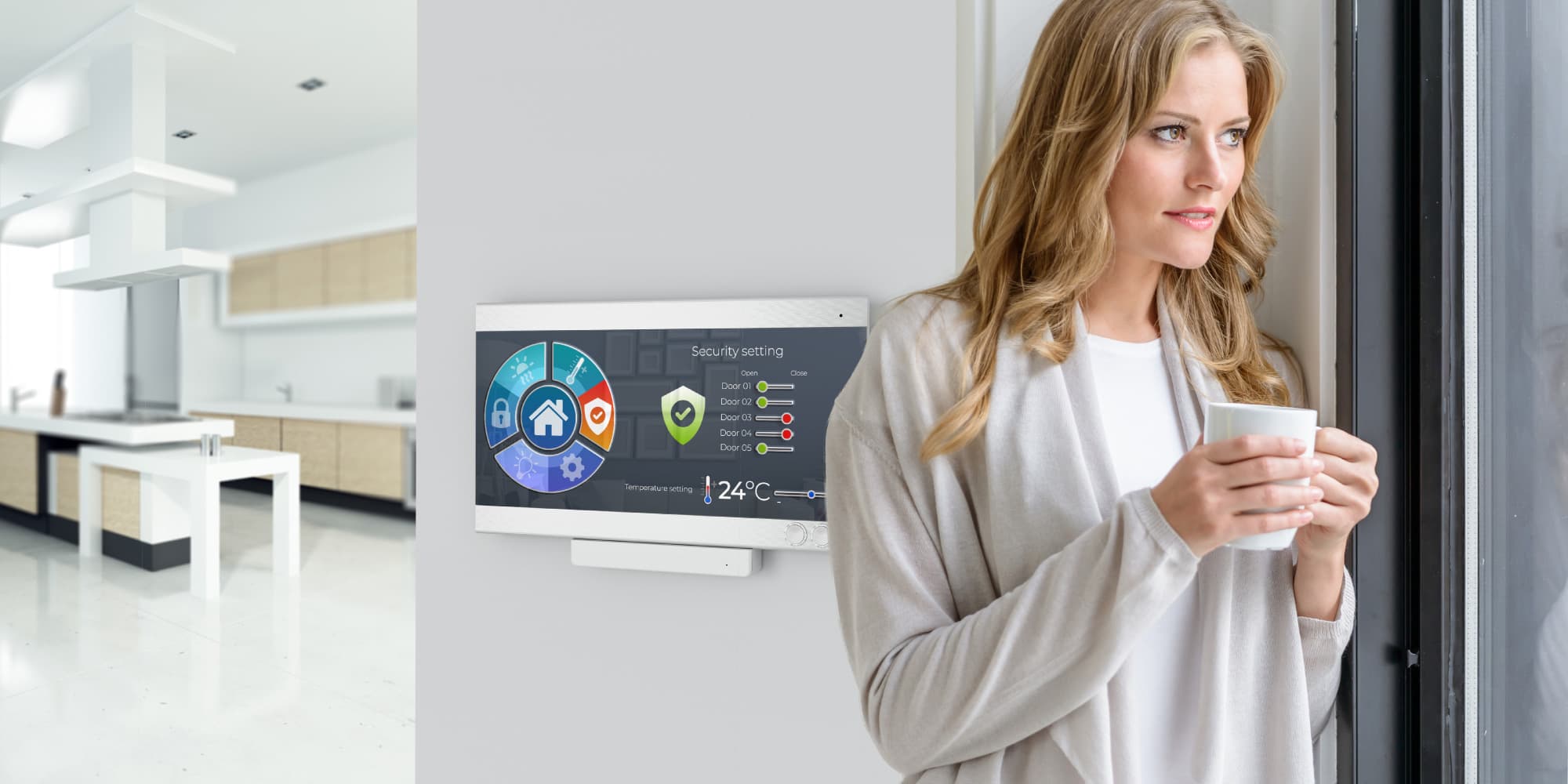 Home-automation Woman holding a mug beside a smart home control panel in a modern kitchen