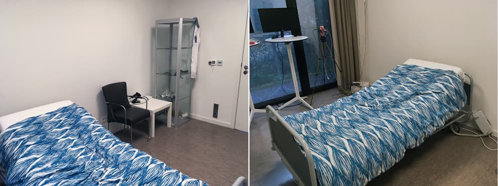 HomeLab_Zorgkamer HomeLab-zorgkamer met bed, stoel, tafel en indoor radarbevestiging bij het raam