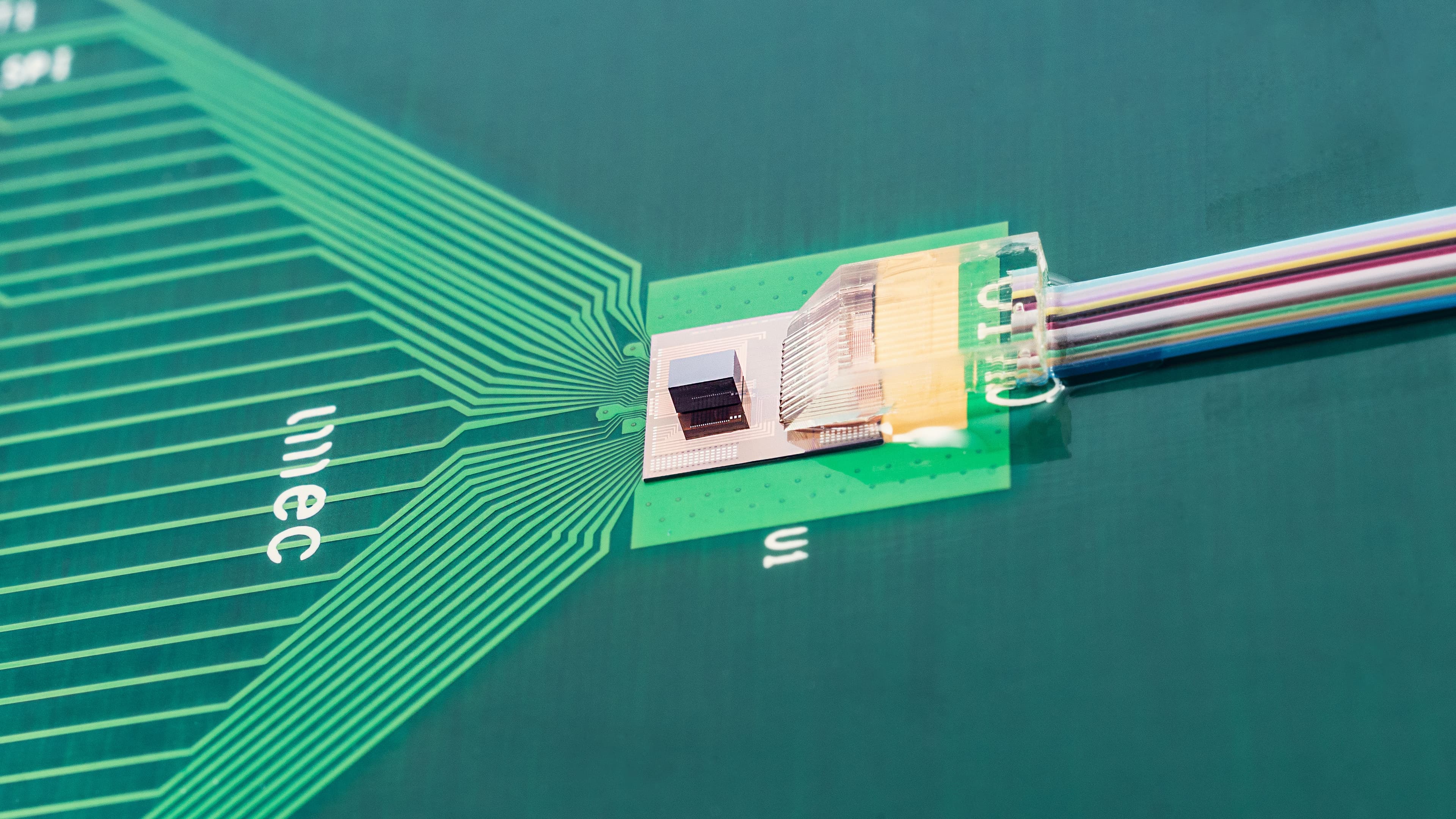 Hybrid%20CMOS-SiPh%20Transceiver%20Prototype Hybrid CMOS-silicon photonics transceiver prototype with chip traces and multicolored optical fibers