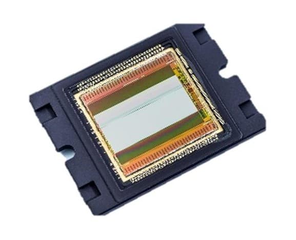 Imec hyperspectral sensor chip IPERLITE Imec hyperspectral sensor chip in a black package with a central CMOS detector and colored filter bands