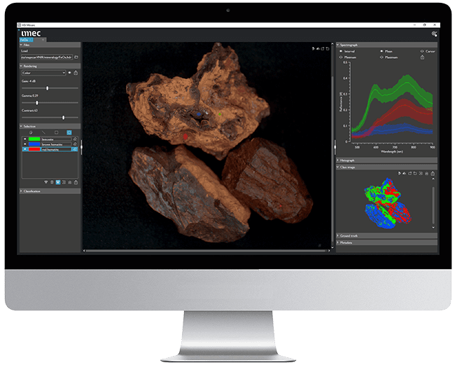 hyperspectral-imaging-software_0 Imec hyperspectral software analyzing three rocks with spectral charts and a color-coded map