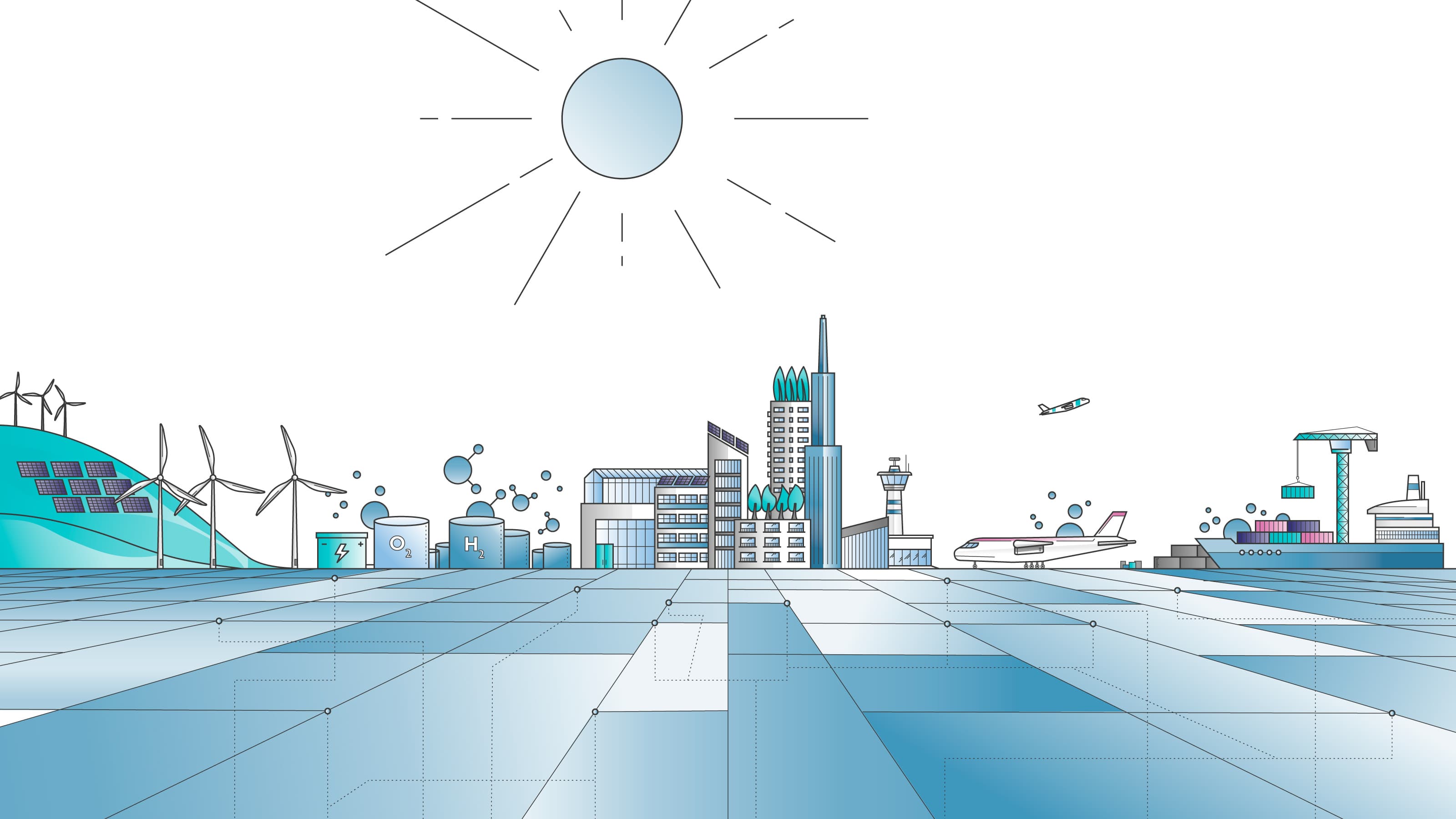 HYVE_visual_FINAL Illustratie van een groene waterstofstad met zonnepanelen, windturbines, opslagtanks en schepen onder de zon