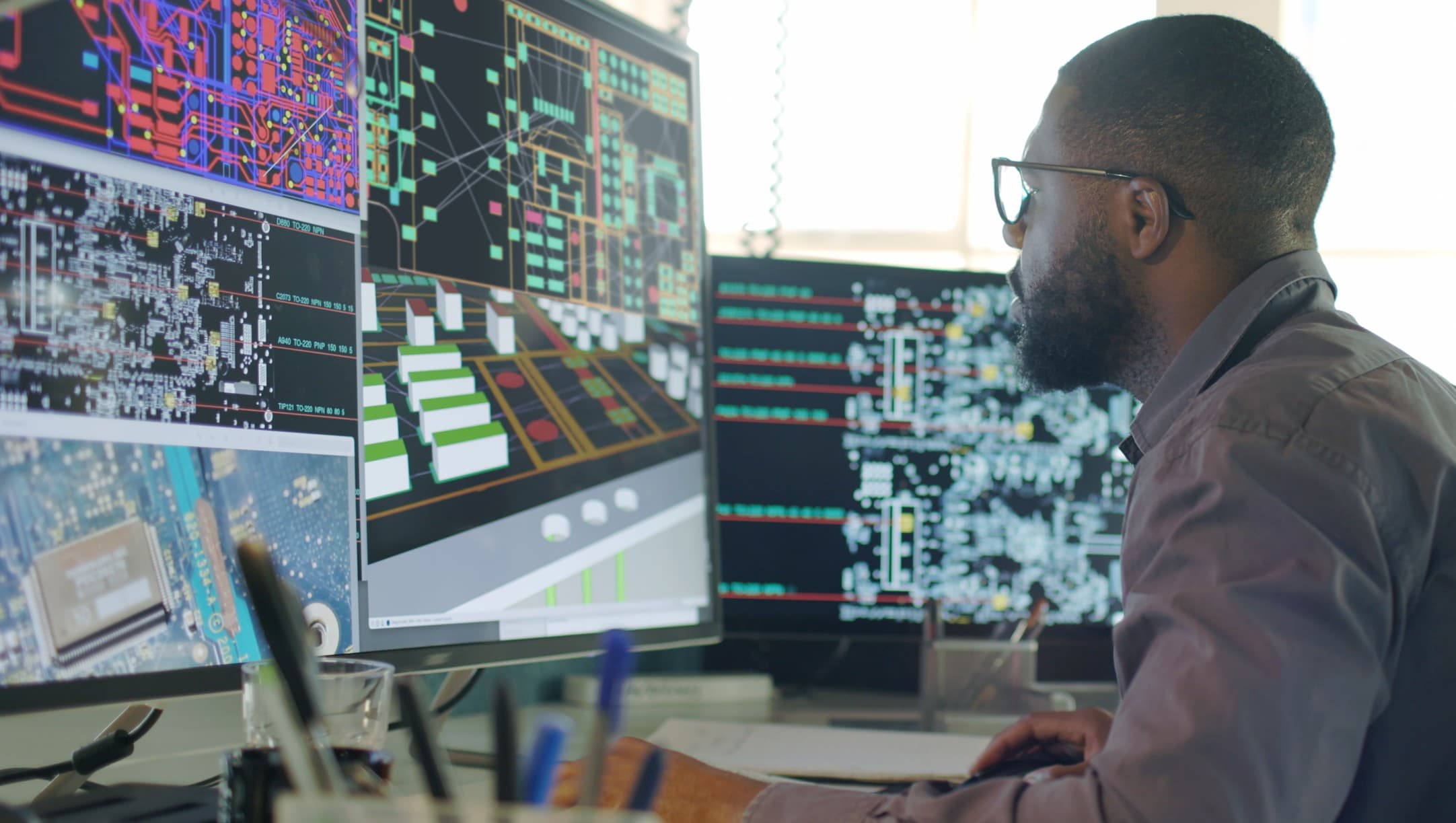 Engineer reviewing chip design layouts Engineer reviewing chip design layouts on multiple monitors