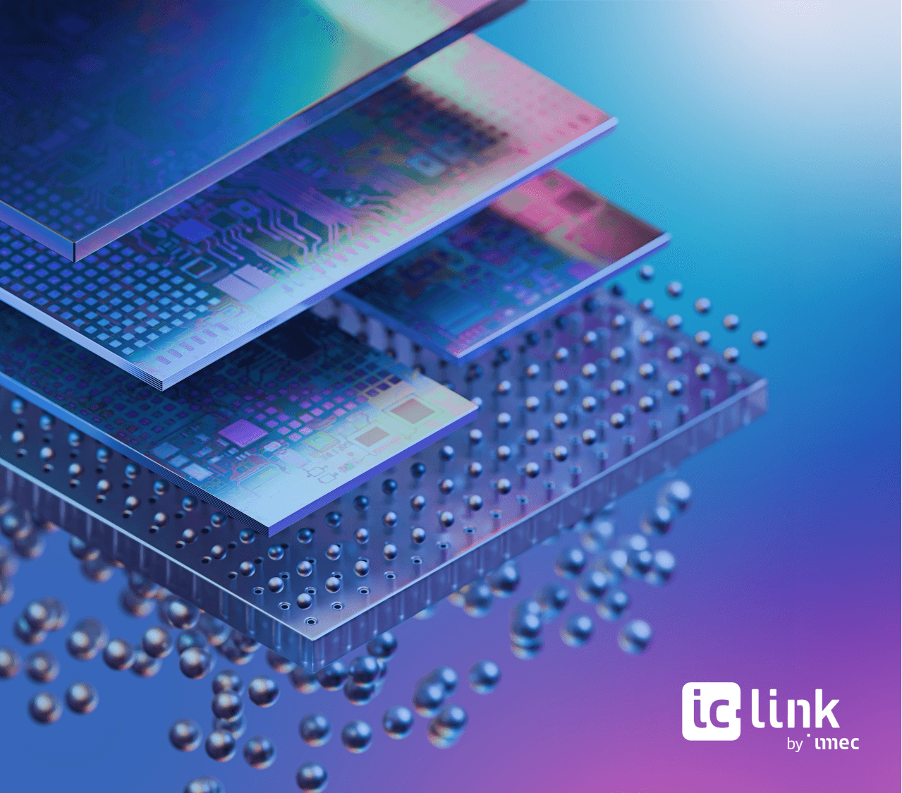 IC-Link%20visual%20white Stylized stacked semiconductor chips over a ball grid array with the IC-Link by imec logo