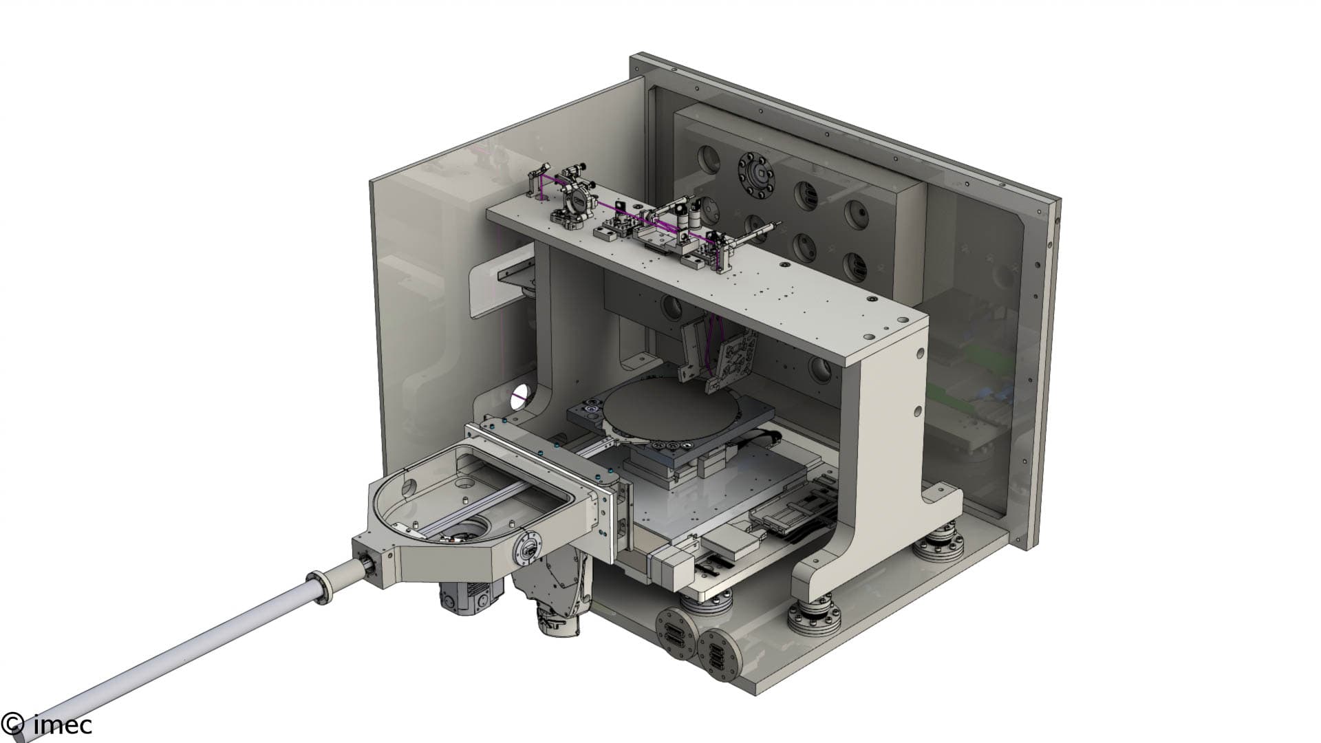 IL%20chamber%20-%20stylized Cutaway view of an interference chamber for full-wafer experiments, with a wafer stage and optical components inside