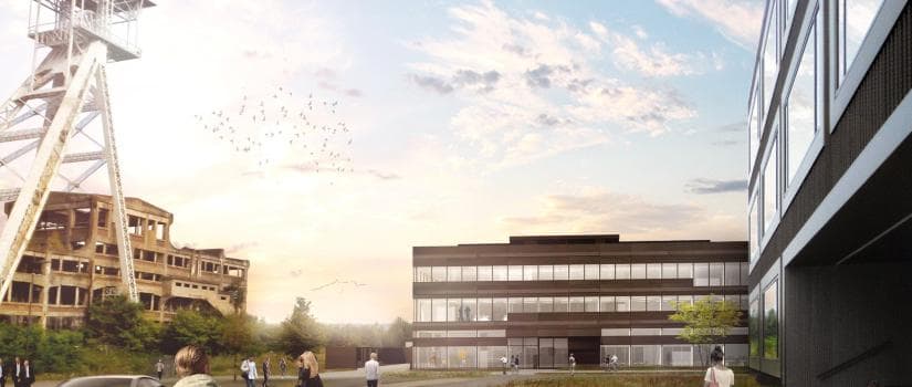 Architectural rendering of EnergyVille 2 building at Thor Park Architectural rendering of the EnergyVille 2 building beside a restored industrial structure at Thor Park