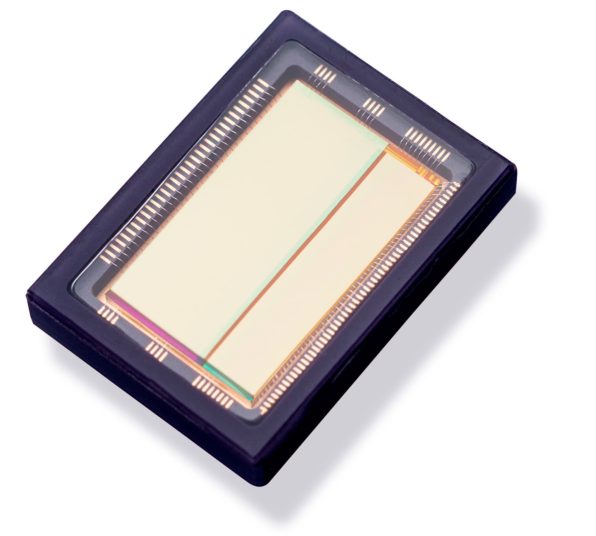 Close-up of CMOS image sensor chip Close-up of a CMOS image sensor chip in a black package with visible gold contact pins