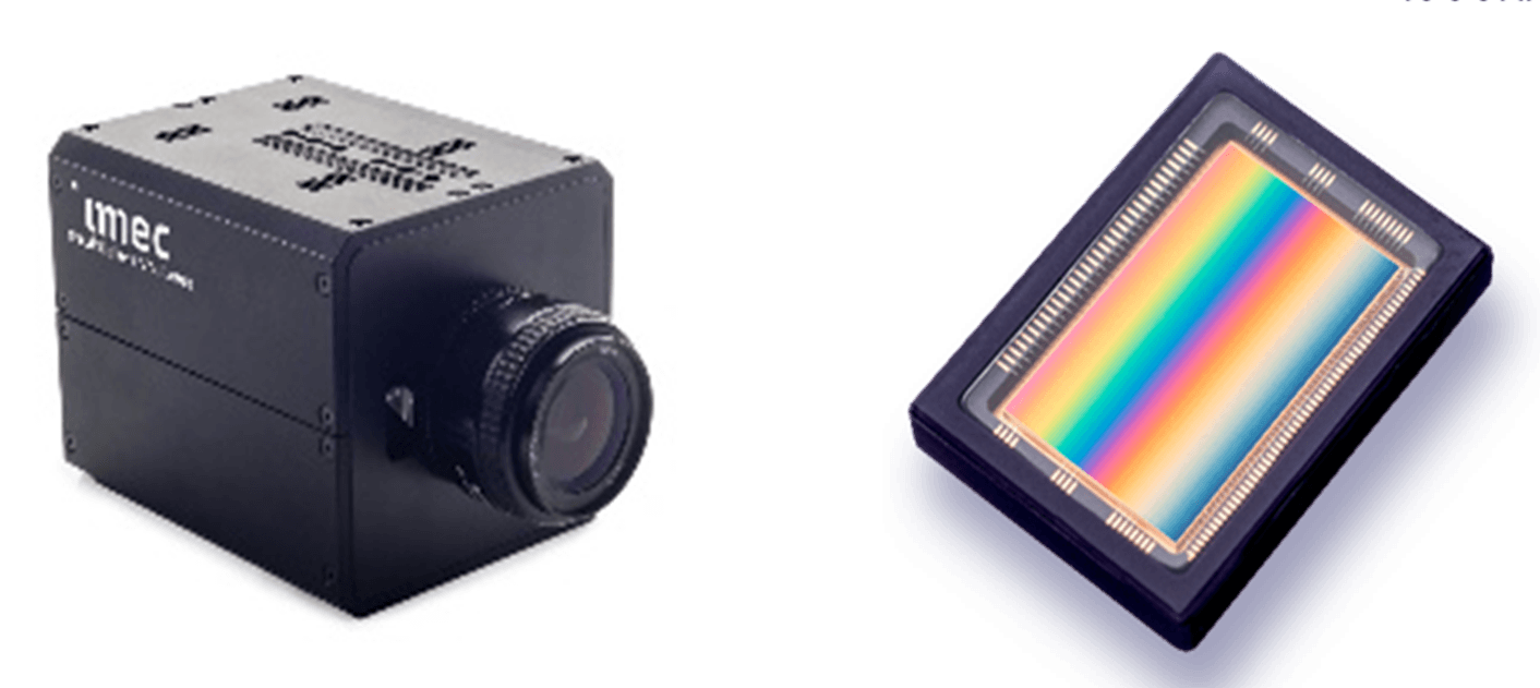 Imec%20extended%20vision Spectral camera next to a rainbow-colored sensor chip