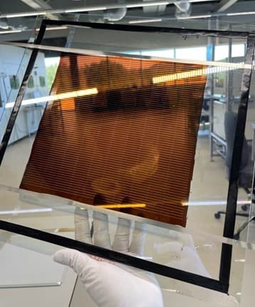 imec%20perovskiet%20module Gehandschoende handen houden een doorschijnend perovskietzonnemodule vast in een laboratorium