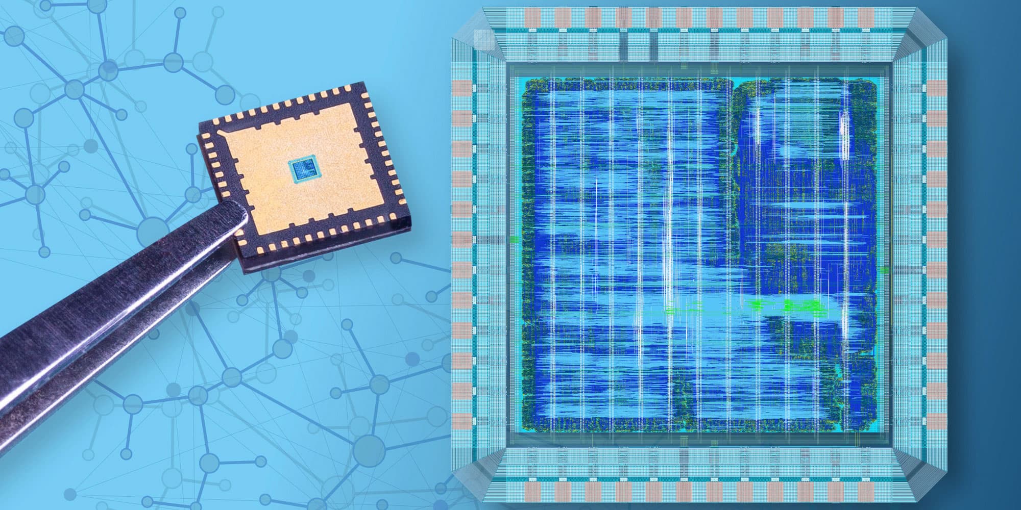 Imec-Builds-World%E2%80%99s-First-Spiking-Neural-Network-Based-Chip-for-Radar-Signal-Processing Microchip held by tweezers beside a stylized neural-network chip illustration