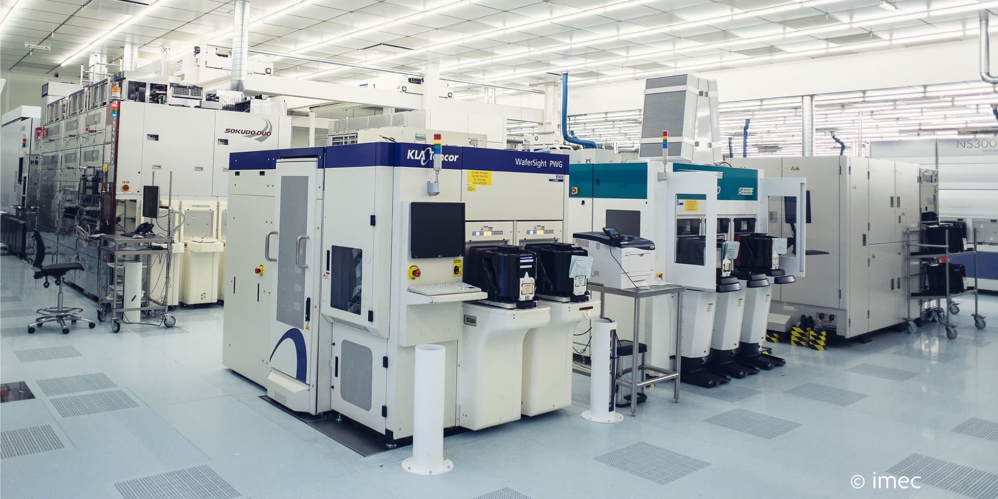 imec-cleanroom Imec cleanroom with semiconductor processing equipment under bright ceiling lights