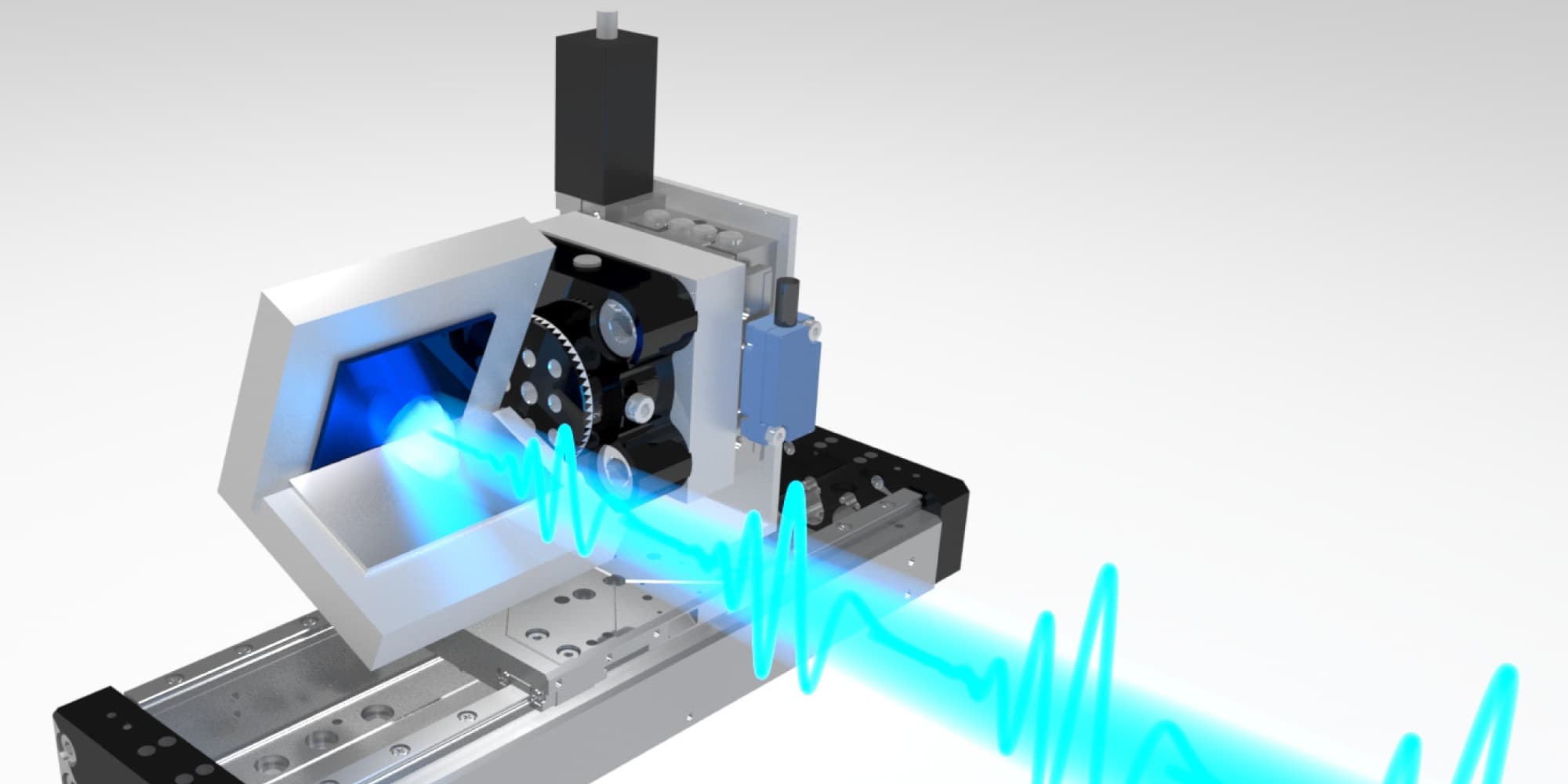 Imec-Demonstrates-20nm-Pitch-Line-Space-Resist-Imaging-with-High-NA-EUV-Interference-Lithography 3D rendering of a High-NA EUV interference lithography setup with a blue light beam passing through optics