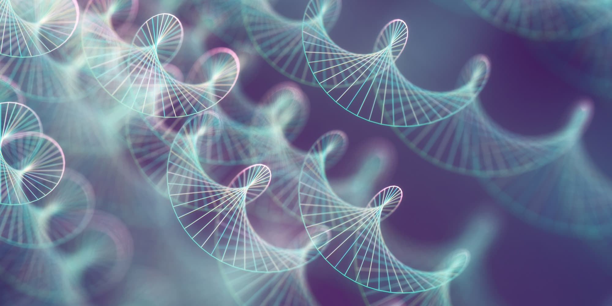 Imec%E2%80%99s-elPrep-big-data-software-maakt-DNA-analyses-mogelijk-in-minder-dan-zes-uur Abstract DNA double helix strands in teal and purple.