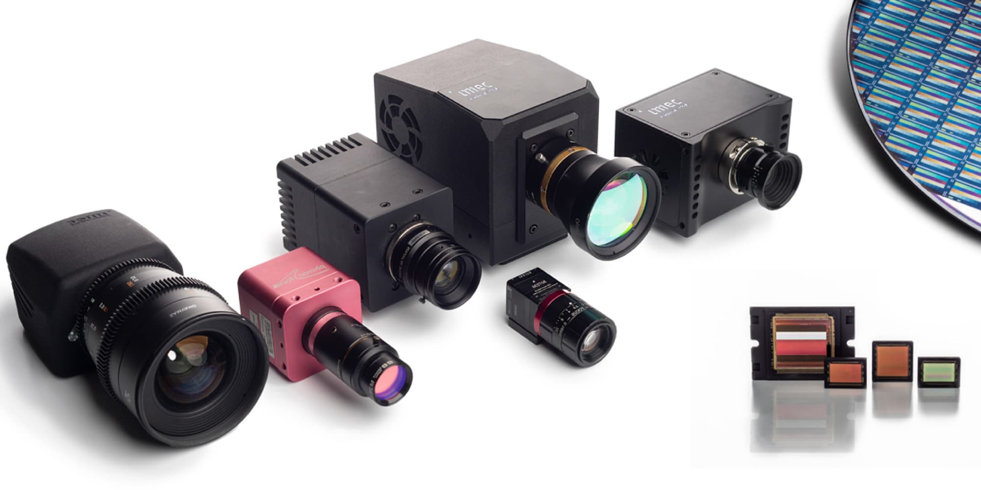 imec-hyperspectral-header Several SWIR cameras and spectral imaging sensor modules on a white background