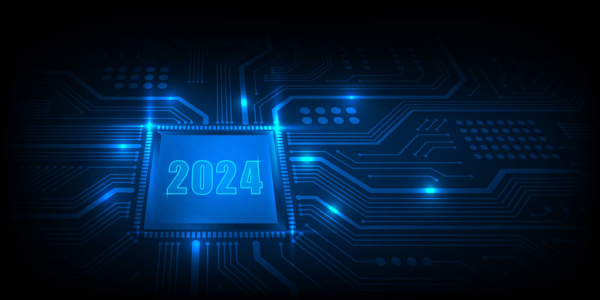 Imec-in-2024 Gloeiende blauwe microchipafbeelding met 2024 in het midden en circuitsporen die naar buiten lopen