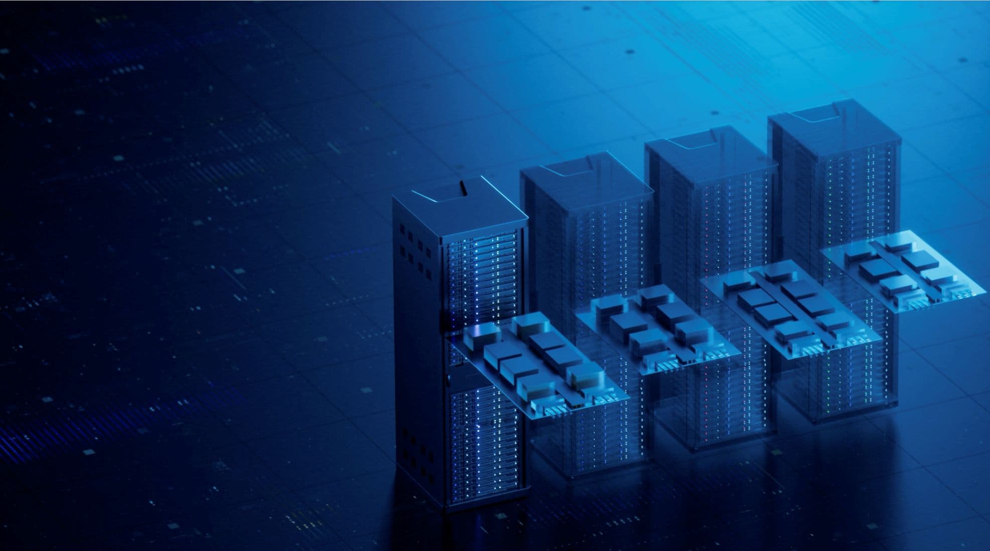 imec.kelis_ Stylized server racks with interconnected chip-like modules on a blue digital background